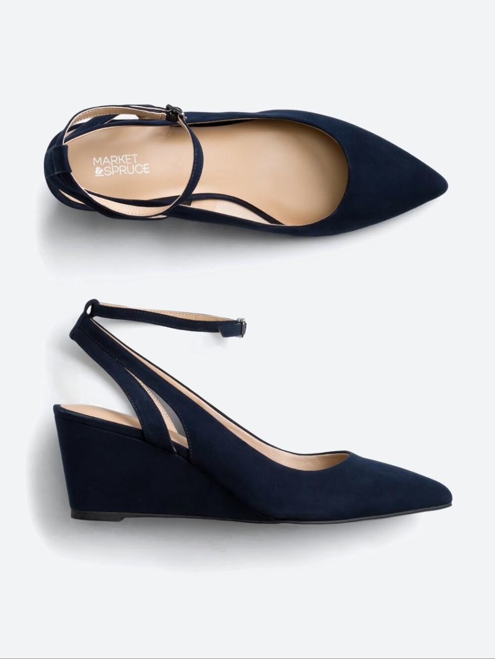 Market & Spruce Navy Suede Pointed-Toe Wedge with Ankle Strap